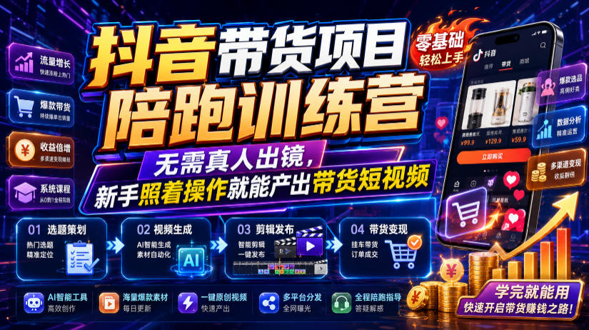 抖音带货项目陪跑训练营，无需真人出镜，新手照着操作就能产出带货短视频-艺川网创