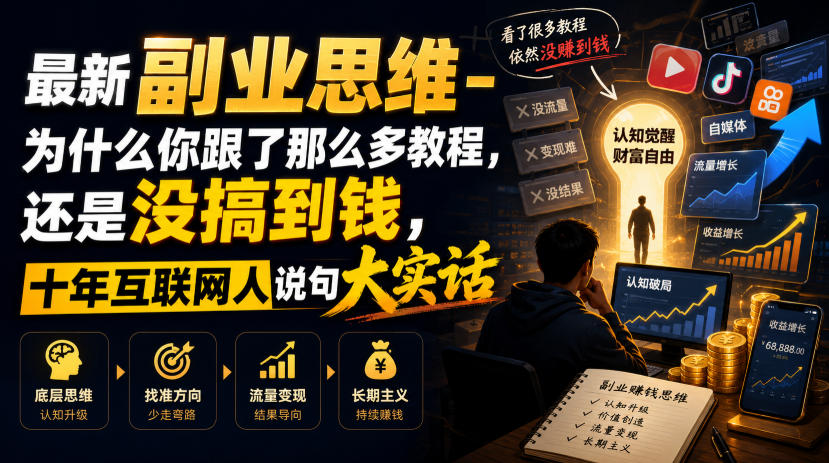 最新副业思维-为什么你跟了那么多教程，还是没搞到钱，十年互联网人说句大实话【揭秘】-艺川网创
