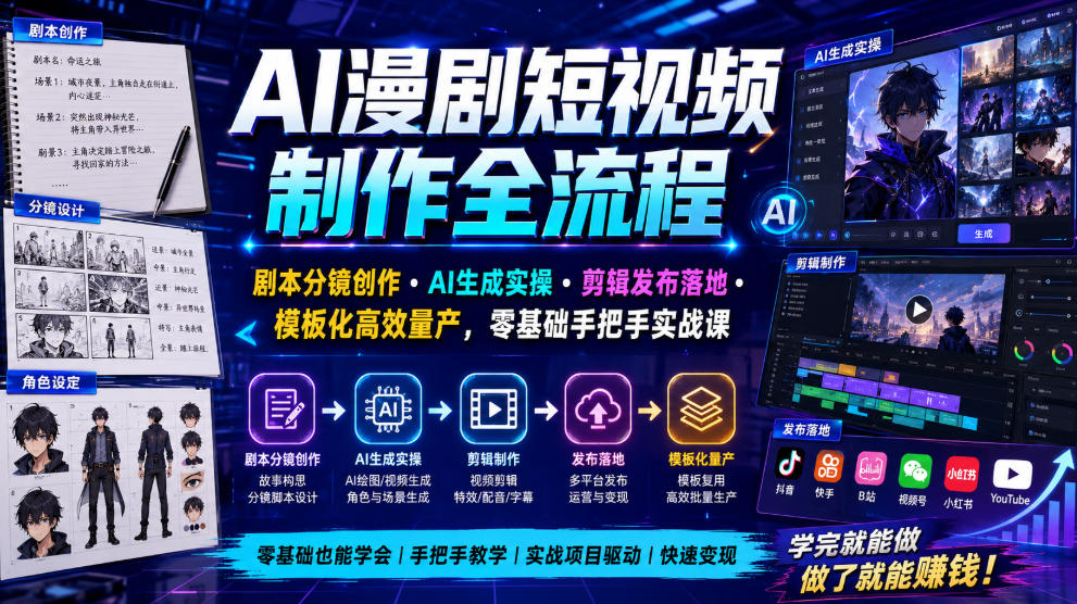 AI漫剧短视频制作全流程｜剧本分镜创作・AI生成实操・剪辑发布落地・模板化高效量产，零基础手把手实战课-艺川网创