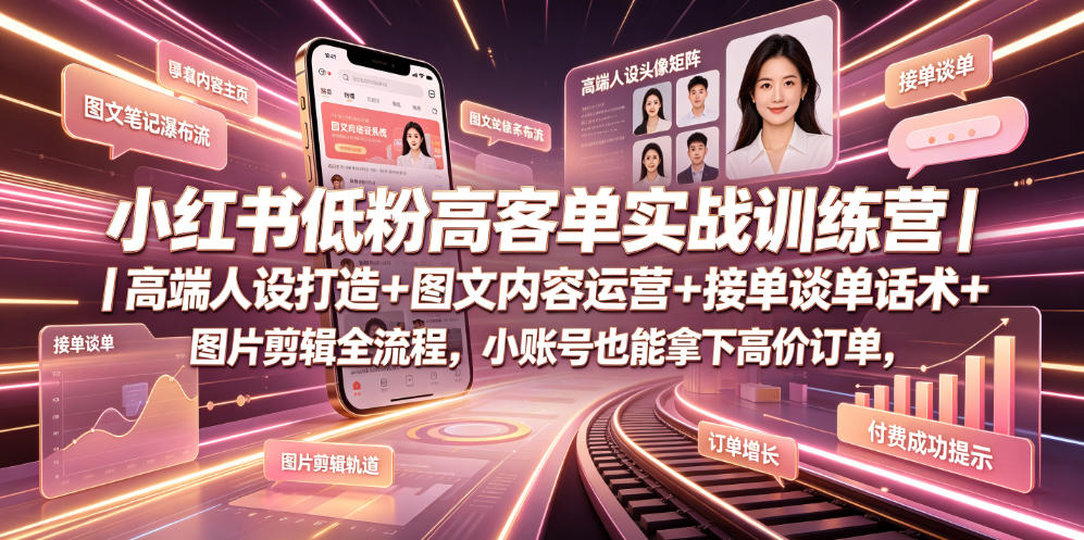 小红书低粉高客单实战训练营｜高端人设打造+图文内容运营+接单谈单话术+图片剪辑全流程，小账号也能拿下高价订单-艺川网创