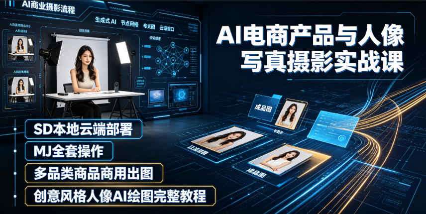 AI电商产品与人像写真摄影实战课|SD本地云端部署、MJ全套操作、多品类商品商用出图、创意风格人像AI绘图完整教程-艺川网创
