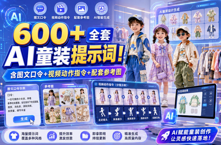 600+全套AI童装提示词!含图文口令+视频动作指令+配套参考图,Word-Excel规整分类,童装电商、种草无脑量产内容!-艺川网创