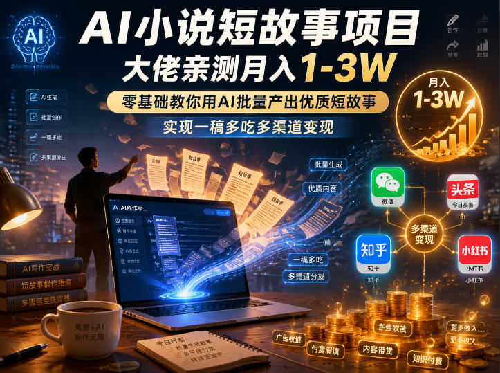 AI小说短故事项目，大佬亲测月入1-3W，零基础教你用AI批量产出优质短故事，实现一稿多吃多渠道变现(更新0624)-艺川网创