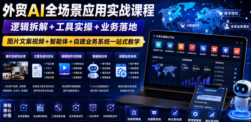 外贸AI全场景应用实战课程｜逻辑拆解+工具实操+业务落地，图片文案视频+智能体+自建业务系统一站式教学-艺川网创