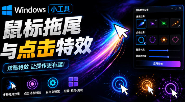 Windows特效小工具！一键给你的鼠标添加拖尾与点击动态特效，吾爱出品，免费使用Mouse Trail-艺川网创