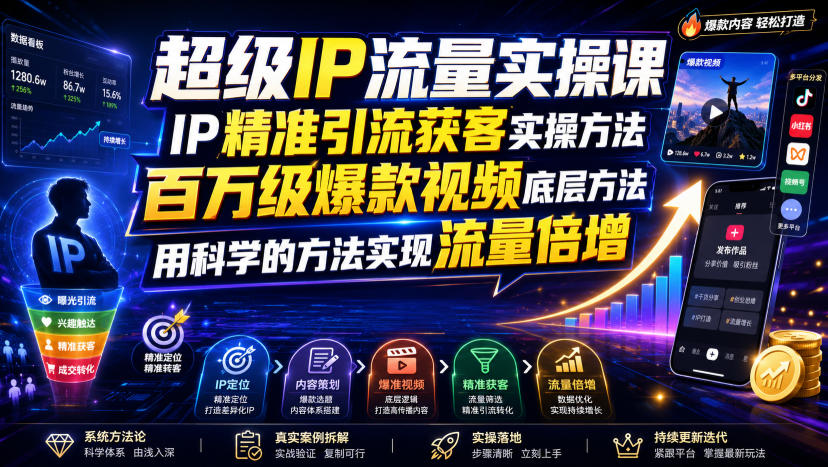 超级IP流量实操课，IP精准引流获客实操方法，百万级爆款视频底层方法，用科学的方法实现流量倍增-艺川网创