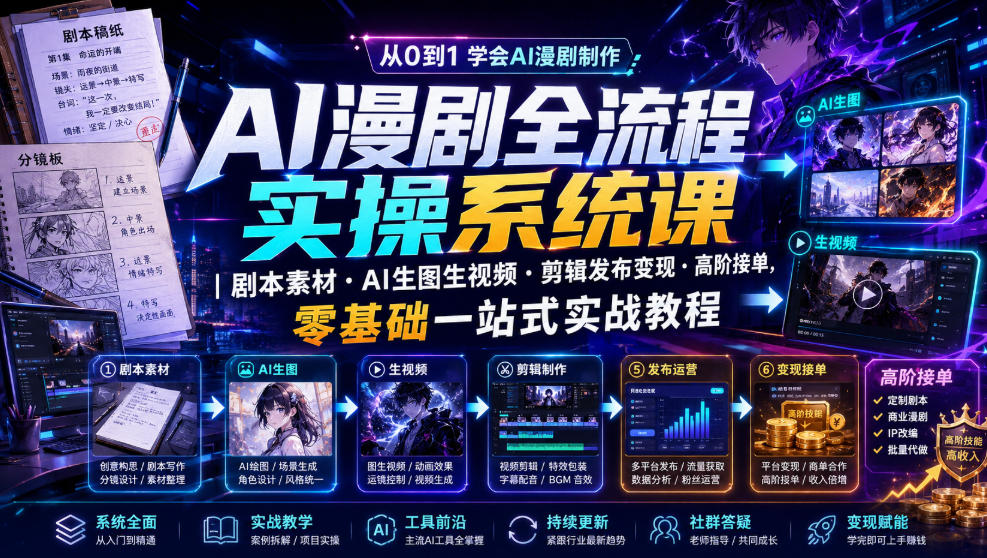 AI漫剧全流程实操系统课｜剧本素材・AI生图生视频・剪辑发布变现・高阶接单，零基础一站式实战教程-艺川网创