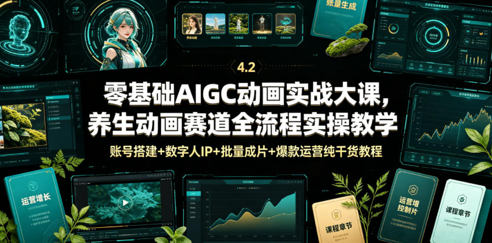 零基础AIGC动画实战大课，养生动画赛道全流程实操教学，账号搭建+数字人IP+批量成片+爆款运营纯干货教程-艺川网创