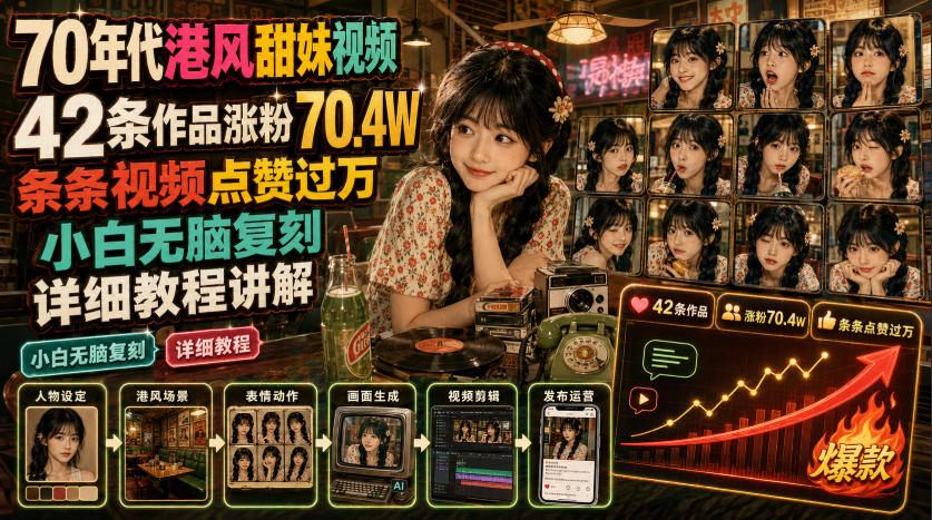 70年代港风甜妹视频，42条作品涨粉70.4W，条条视频点赞过万，小白无脑复刻，详细教程讲解-艺川网创