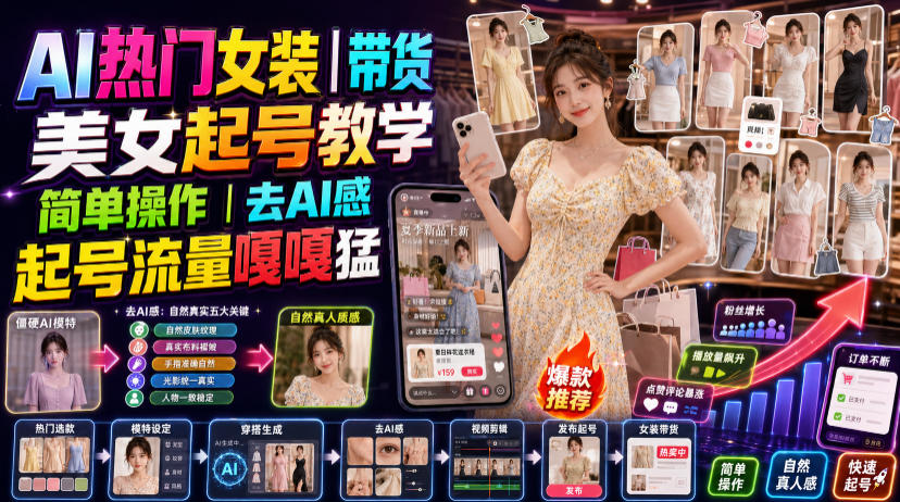 AI热门女装带货丨美女起号教学,简单操作,去AI感,起号流量嘎嘎猛-艺川网创