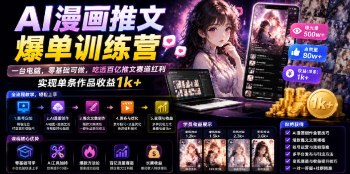 AI漫画推文爆单训练营,一台电脑,零基础可做,吃透百亿推文赛道红利,实现单条作品收益1k+-艺川网创