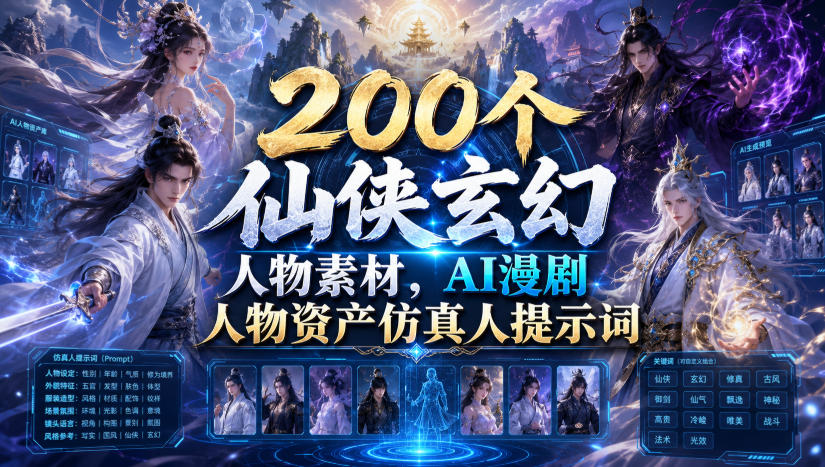 200个仙侠玄幻人物素材,AI漫剧人物资产仿真人提示词-艺川网创