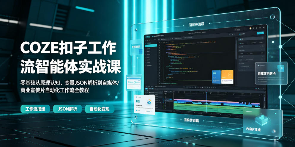COZE扣子工作流智能体实战课｜零基础从原理认知、变量JSON解析到自媒体/商业宣传片自动化工作流全教程-艺川网创