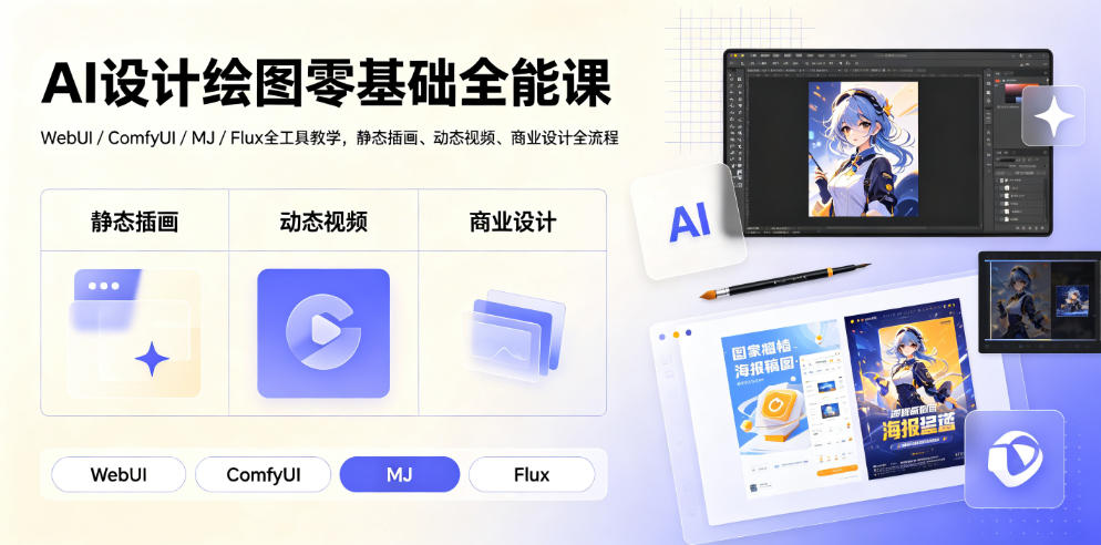 AI设计绘图零基础全能课|WebUI/ComfyUI/MJ/Flux全工具教学,静态插画、动态视频、商业设计全流程-艺川网创