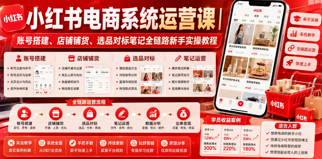 小红书电商系统运营课|账号搭建、店铺铺货、选品对标笔记全链路新手实操教程-艺川网创