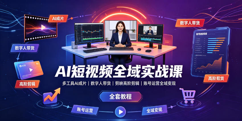 AI短视频全域实战课|多工具AI成片、数字人带货、剪映高阶剪辑、账号运营全域变现全套教程-艺川网创