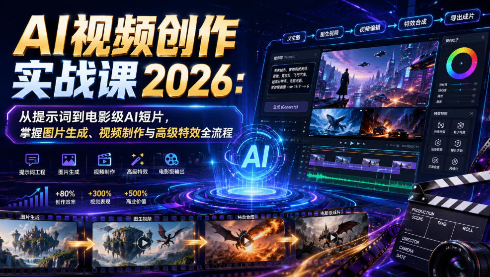 AI视频创作实战课2026:从提示词到电影级AI短片,掌握图片生成、视频制作与高级特效全流程-艺川网创