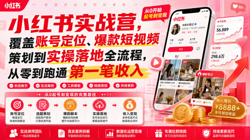 小红书实战营,覆盖账号定位、爆款短视频策划到实操落地全流程,从零到跑通第一笔收入-艺川网创