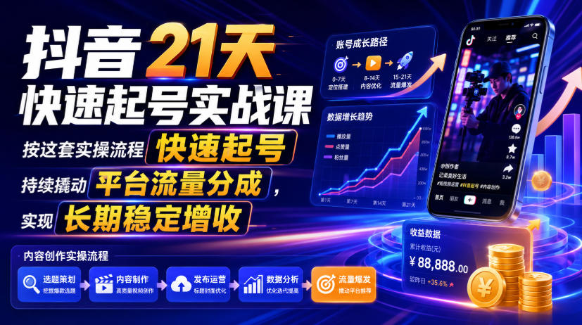 抖音21天快速起号实战课，按这套实操流程快速起号，持续撬动平台流量分成，实现长期稳定增收-艺川网创