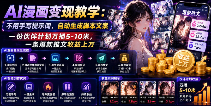AI漫画变现教学:不用手写提示词,自动生成脚本文案,一份伙伴计划万播5-10米,一条爆款推文收益上W-艺川网创