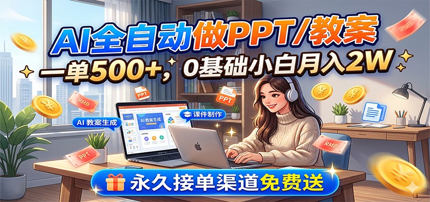 AI全自动做PPT/教案，一单500+，0基础小白月入2W，永久接单渠道免费送-艺川网创