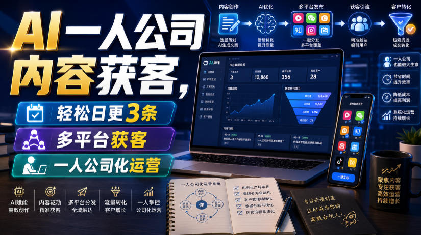 AI一人公司内容获客,轻松日更3条,多平台获客,一人公司化运营-艺川网创