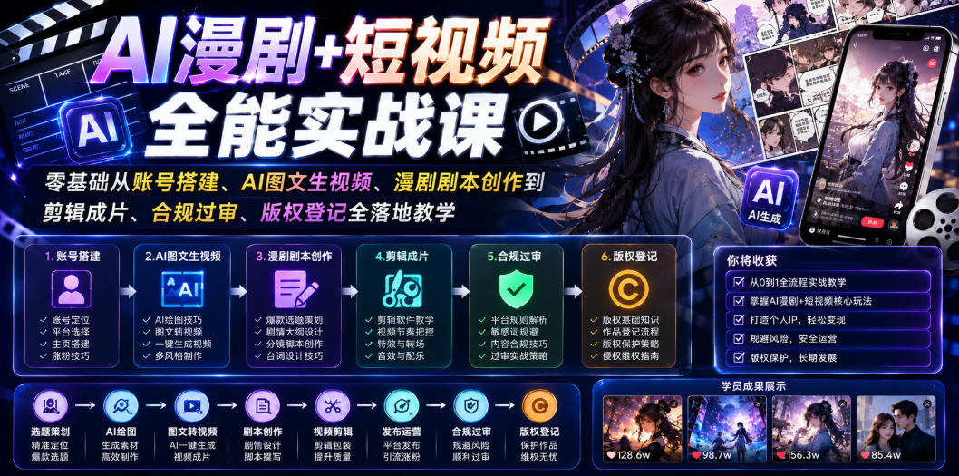 AI漫剧+短视频全能实战课｜零基础从账号搭建、AI图文生视频、漫剧剧本创作到剪辑成片、合规过审、版权登记全落地教学-艺川网创