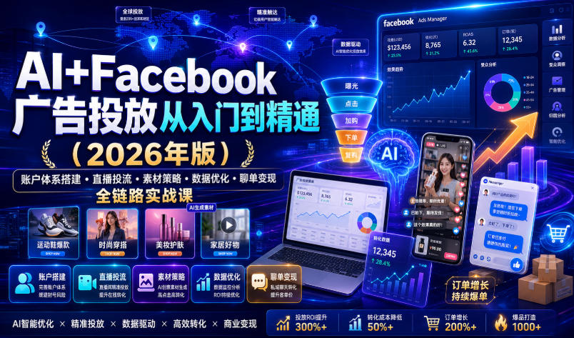 AI+Facebook广告投放从入门到精通(2026年版)｜账户体系搭建・直播投流・素材策略・数据优化・聊单变现全链路实战课-艺川网创