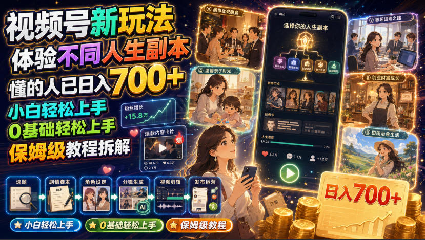 视频号新玩法体验不同人生副本，懂的人已日入700+，小白轻松上手，0基础轻松上手，保姆级教程拆解-艺川网创