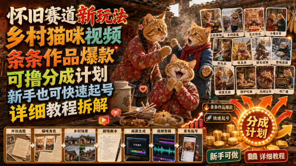 怀旧赛道新玩法，乡村猫咪视频，条条作品爆款，可撸分成计划，新手也可快速起号，详细教程拆解-艺川网创