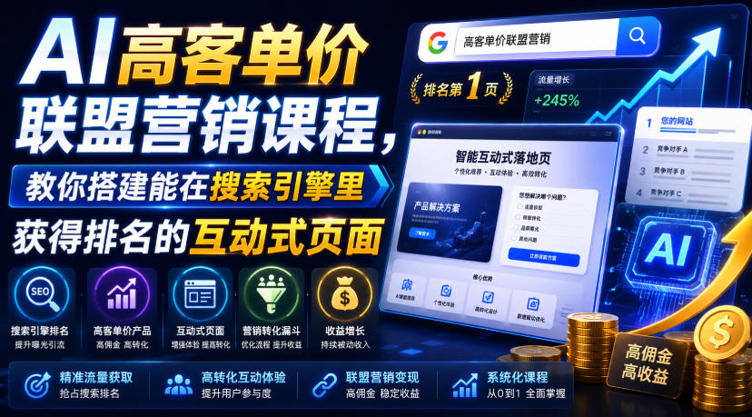 AI高客单价联盟营销课程，教你搭建能在搜索引擎里获得排名的互动式页面，引来流量，把访客转化为高佣金的成交【原创双语字幕】-艺川网创