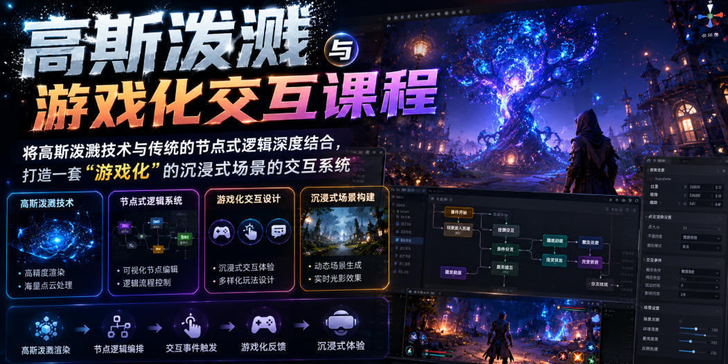 高斯泼溅与游戏化交互课程，将高斯泼溅技术与传统的节点式逻辑深度结合，打造一套“游戏化”的沉浸式场景的交互系统-艺川网创