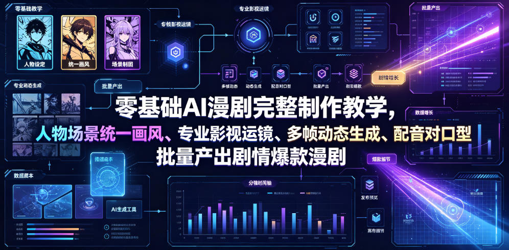 零基础AI漫剧完整制作教学，人物场景统一画风、专业影视运镜、多帧动态生成、配音对口型，批量产出剧情爆款漫剧-艺川网创