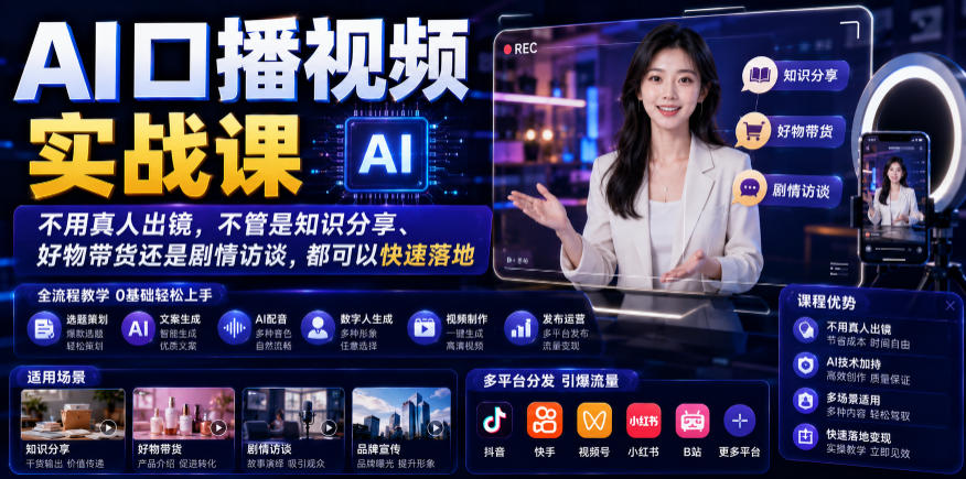 AI口播视频实战课，不用真人出镜，不管是知识分享、好物带货还是剧情访谈，都可以快速落地-艺川网创