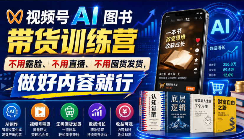 视频号AI图书带货训练营,不用露脸、不用直播、不用囤货发货,做好内容就行,一条爆款视频佣金8942-艺川网创
