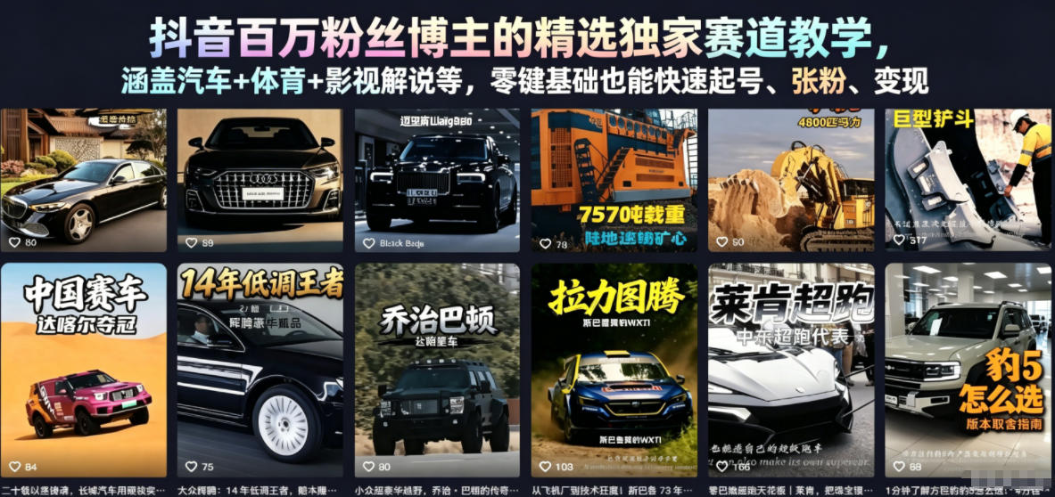 抖音百万粉丝博主的精选独家赛道教学,涵盖汽车+体育+影视解说等,零基础也能快速起号、涨粉、变现(更新0701)-艺川网创