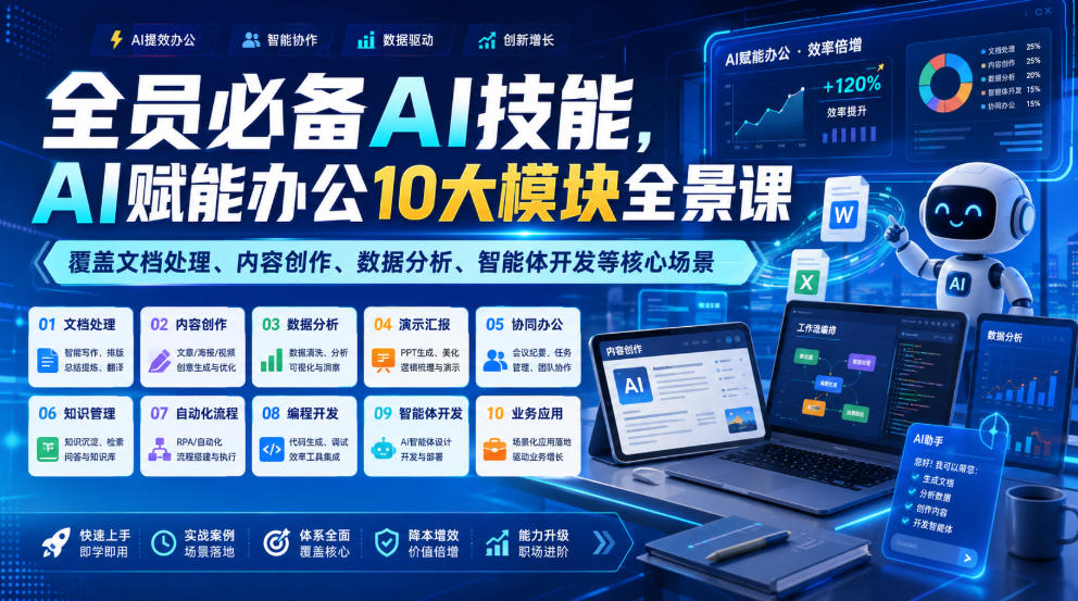 全员必备AI技能，AI赋能办公10大模块全景课，覆盖文档处理、内容创作、数据分析、智能体开发等核心场景-艺川网创