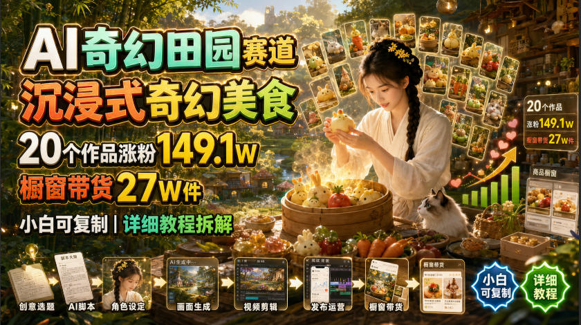 AI奇幻田园赛道，沉浸式奇幻美食，20个作品涨粉149.1W，橱窗带货27W件，小白可复制，详细教程拆解-艺川网创