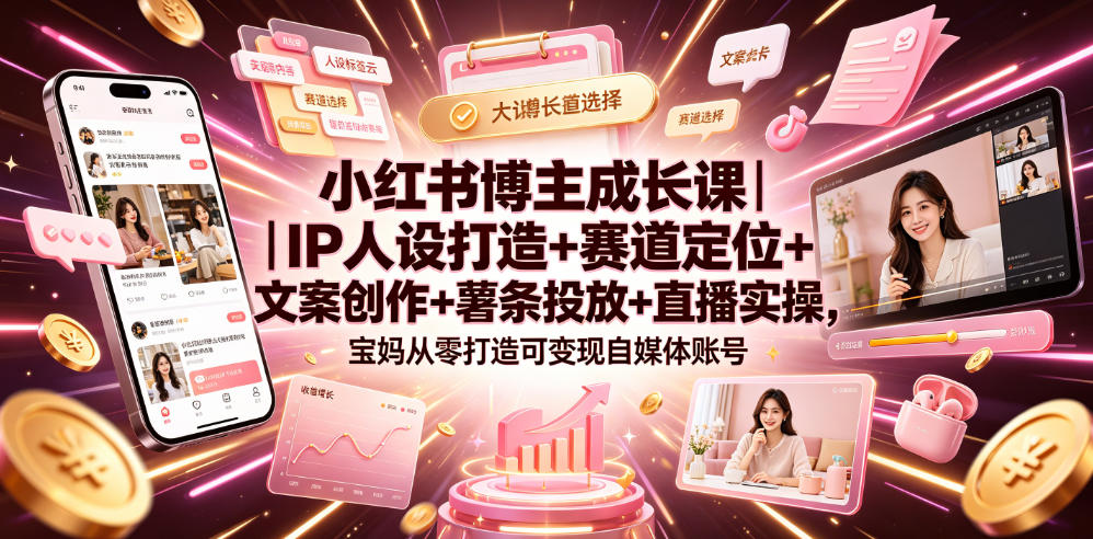 小红书博主成长课｜IP人设打造+赛道定位+文案创作+薯条投放+直播实操，宝妈从零打造可变现自媒体账号-艺川网创