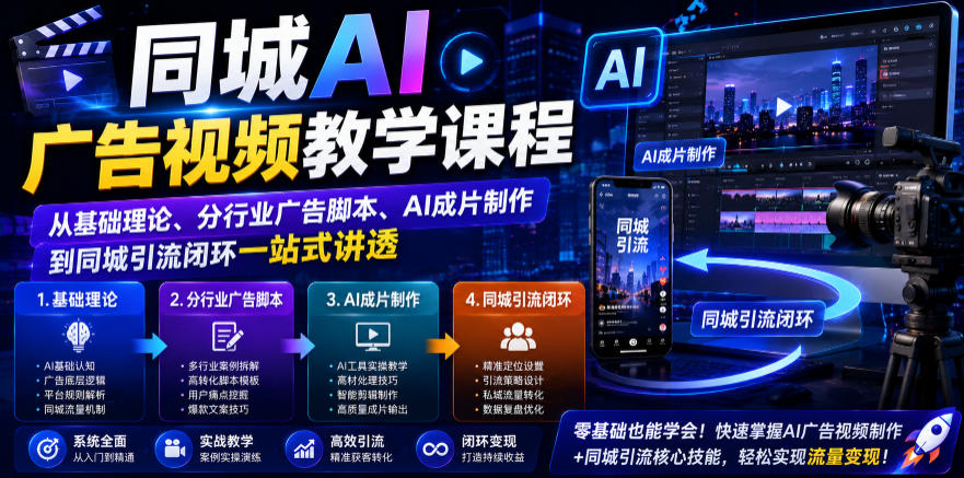 同城AI广告视频教学课程,从基础理论、分行业广告脚本、AI成片制作到同城引流闭环一站式讲透-艺川网创