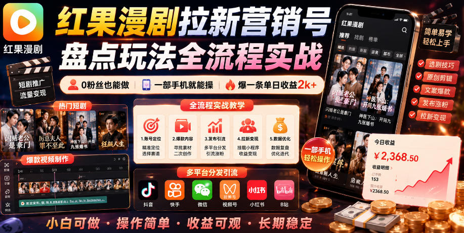 红果漫剧拉新营销号盘点玩法全流程实战，0粉丝也能做，一部手机就能做，爆一条单日收益2k+(更新0628)-艺川网创
