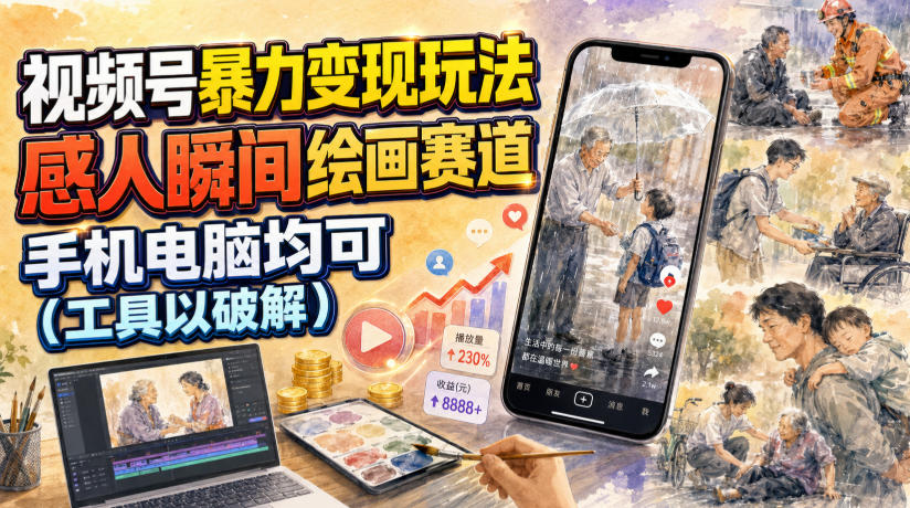 视频号暴力变现玩法，感人瞬间绘画赛道，手机电脑均可-艺川网创