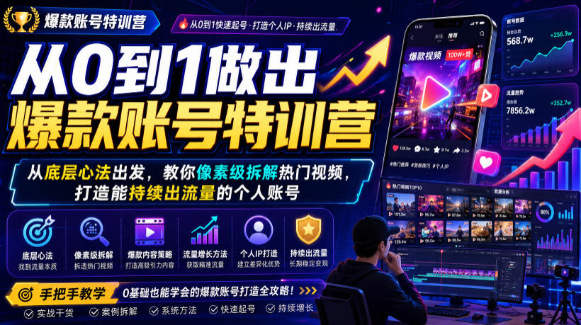 从0到1做出爆款账号特训营,从底层心法出发,教你像素级拆解热门视频,打造能持续出流量的个人账号-艺川网创