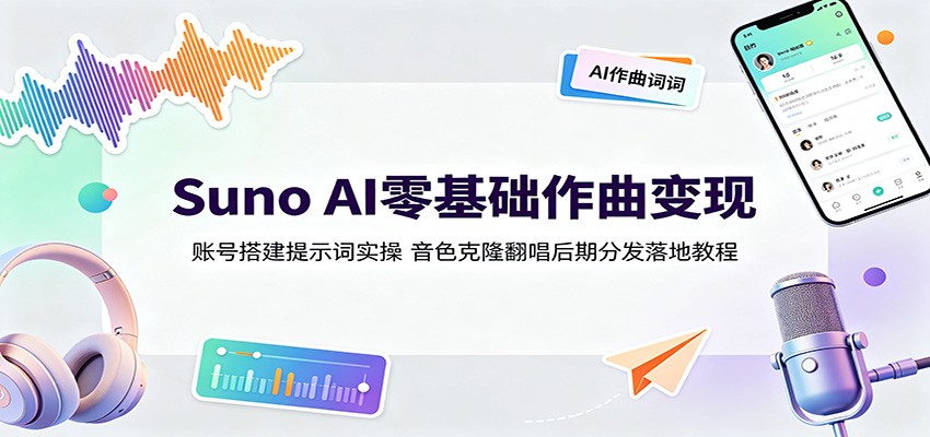 Suno AI零基础作曲变现：账号搭建提示词实操，音色克隆翻唱后期分发落地教程-艺川网创