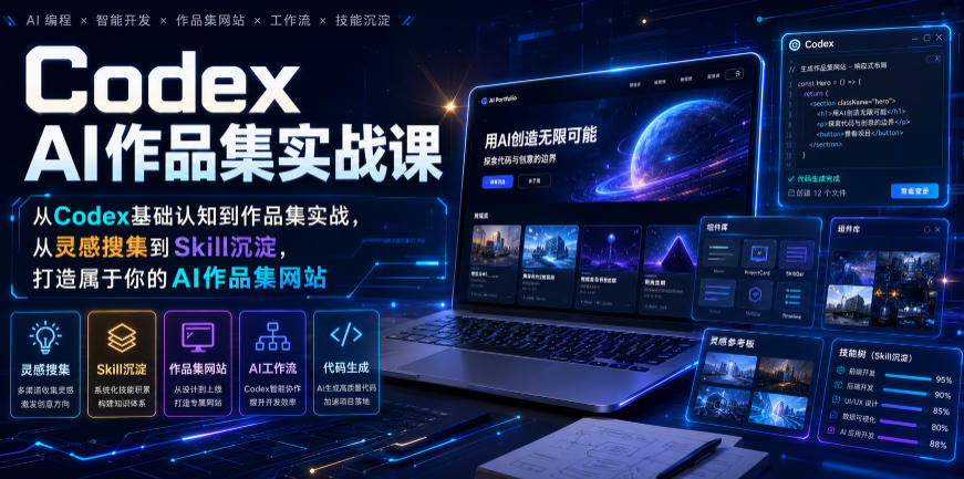 Codex AI作品集实战课，从Codex基础认知到作品集实战，从灵感搜集到Skill沉淀，打造属于你的AI作品集网站-艺川网创