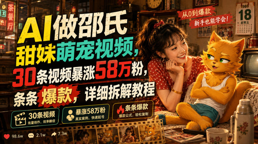 AI做邵氏甜妹萌宠视频，30条视频暴涨58万粉，条条爆款，详细拆解教程-艺川网创