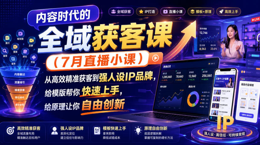 内容时代的全域获客课(7月直播小课),从高效精准获客到强人设IP品牌,给模版帮你快速上手,给原理让你自由创新-艺川网创
