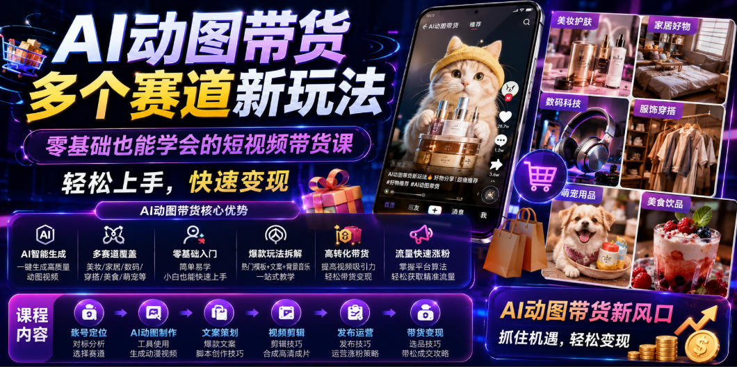 AI动图带货多个赛道新玩法，零基础也能学会的短视频带货课，轻松上手，快速变现-艺川网创