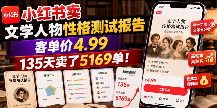 小红书卖文学人物性格测试报告，客单价4.99，135天卖了5169单！-艺川网创